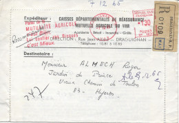 DRAGUIGNAN (83) Mutuelle Agricole 1965 Pour HYERES (83) Lettre Recommandée De Mise En Demeure - Bank En Verzekering