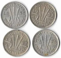 AUSTRALIE ELISABETH II, 3 Pence,     Argent , Lot De 4 Pièces  TTB - Zonder Classificatie