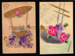 5 FANCY CA1900 EMBOSSED POSTCARDS ROSE FLOWERS ZEPPELIN SHIP BOAT TRAIN CAR GIRL - Collections & Lots