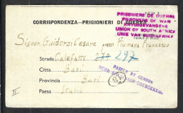 AFRIQUE DU SUD 1943: LAC D'un Prisonnier De Guerre Italien Pour Bari (Italie), Correspondance Intéressante. - Nuova Repubblica (1886-1887)