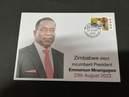 29-8-2023 (3 S 33) Zimbabwe Elect Incombent President Emmerson Mnangagwa (23-8-2023) With OZ Stamp - Zimbabwe (1980-...)