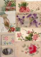 Collection Selected 16 Embossed Embroidered Fancy Postcards Flowers Greetings - Colecciones Y Lotes