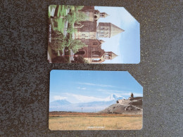 ARMENIE URMET 2 CARDS CHURCH + MONT ARARAT 25U + 50U UT - Armenië