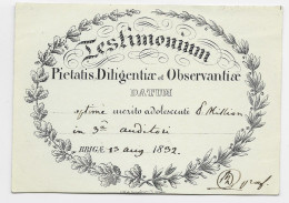 SUISSE HELVETIA BRIGA 13AUG 1832 CARTE TESTIMONIUM PIETATIS DILIGENTIA ET OBSERVANTIAE DATUM LITH GENEVE - ...-1845 Préphilatélie