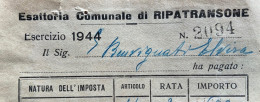 RIPATRANSONE  18/4/45 - RICEVUTA ESATTORIA COMUNALE CON MARCHE DA BOLLO IMPOSTA ENTRATA - Revenue Stamps