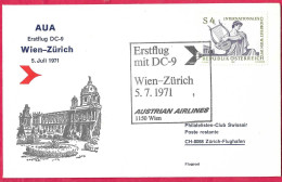 AUSTRIA - ERSTFLUG AUA  MIT  DC-9 - FROM WIEN TO ZURICH *5.7.1971* ON OFFICIAL COVER - Erst- U. Sonderflugbriefe