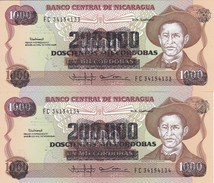 PAREJA CORRELATIVA DE NICARAGUA DE 200000 CORDOBAS DEL AÑO 1985 CON RESELLO (BANKNOTE) SIN CIRCULAR-UNCIRCULATED - Nicaragua