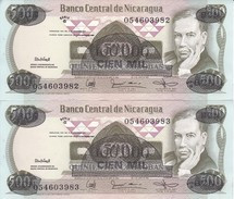 PAREJA CORRELATIVA DE NICARAGUA DE 100000 CORDOBAS DEL AÑO 1987 CON RESELLO (BANKNOTE) SIN CIRCULAR-UNCIRCULATED - Nicaragua