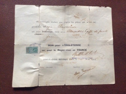 TIMBRE FISCAL SUR DOCUMENT Bon Pour L’ANGLETERRE  Registration En FRANCE  *2s 6d  CONSULAT GENERAL BRITANIQUE  1914 - Revenue Stamps