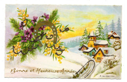 Bonne Année --Nouvel An ---mignonnette  Paysage Enneigé Avec Fleurs Et Fer à Cheval ..grains De Givre - Neujahr