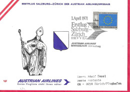 AUSTRIA - ERSTFLUG AUA/SWISSAIR MIT VV 837  FROM SALZBURG TO ZURICH *1.4.1971* ON OFFICIAL COVER - First Flight Covers