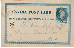 CANADA 1882  POSTCARD SEND FROM GOBLES TO HAMILTON - Cartas & Documentos