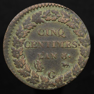 France, Fautée (Error Strike), 5 Centimes, AN 8-G, Geneve, Cuivre (Copper), TTB (EF), KM#, G.126a ,F.115/85 - 1792-1975 Convención Nacional