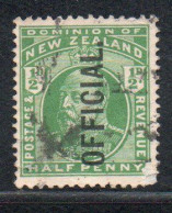 NEW ZEALAND NUOVA ZELANDA 1910 OFFICIAL STAMPS KING EDWARD VII OVERPRINTED 1/2c USED USATO OBLITERE' - Dienstzegels