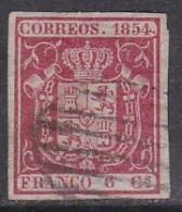 1854-ED. 24 -ESCUDO DE ESPAÑA- 6 CUARTOS CARMÍN-USADO PARRILLA NEGRA - Usados