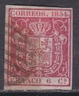 1854-ED. 24 -ESCUDO DE ESPAÑA- 6 CUARTOS CARMÍN-USADO PARRILLA NEGRA - Usados