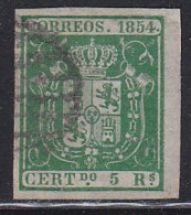 1854-ED. 26 -ESCUDO DE ESPAÑA- 5 REALES VERDE-USADO PARRILLA NEGRA- CERTIFICADO - Usados