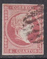 1855-ED. 44 ISABEL II FILIGRANA LINEAS CRUZADAS 4 CUARTOS ROJO-USADO PARRILLA NEGRA - Usados