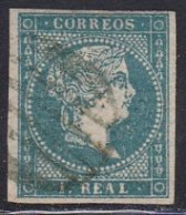 1855-ED. 45 ISABEL II FILIGRANA LINEAS CRUZADAS 1 REAL AZUL VERDOSO-USADO PARRILLA NEGRA-MARQUILLADO - Usados