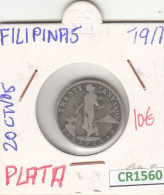 CR1560 MONEDA FILIPINAS 20 CENTAVOS 1917 PLATA BC - Philippines