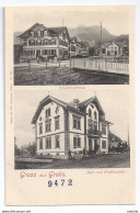 Gruss Aus GRABS: Post Und Creditanstalt Mit Kutsche, Schulhausstrasse ~1900 - Grabs