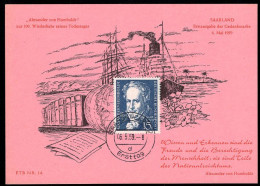 SAAR (1959) Alexander Humboldt. Maximum Card With First Day Cancel. Scott No 322, Yvert No 430. - Cartas & Documentos