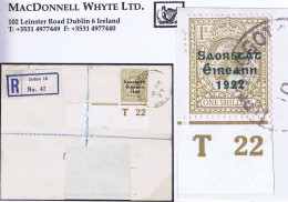 Ireland 1922 Thom Saorstat 3-line 1s Control T22 Imperf Used On Registered Cover BAGGOT ST DUBLIN - Brieven En Documenten