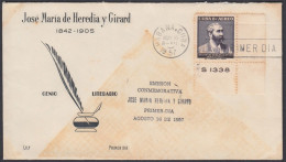 FDC CUBA 1957. EN HONOR A JOSÉ M. HEREDIA. EDIFIL 706. CON NÚMERO DE PLANCHA - FDC