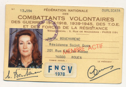 Carte De Membre - Fédération Nle Des Combattants Volontaires Des Guerres 1914../ .. 1945, TOE Et Forces De La Résistance - Cartes De Membre