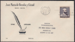 FDC CUBA 1957. EN HONOR A JOSÉ M. HEREDIA. EDIFIL 706. CACHÉ LILY - FDC