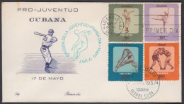 FDC CUBA 1957. ACTIVIDADES JUVENILES. EDIFIL 696/99. CACHÉ LILY. SPORTS, BASEBALL, BOXING, GYMNASTICS AND DIVING - FDC