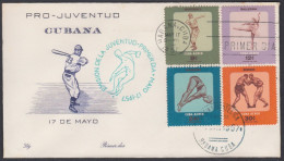 FDC CUBA 1957. ACTIVIDADES JUVENILES. EDIFIL 696/99. CACHÉ LILY. SPORTS, BASEBALL, BOXING, GYMNASTICS AND DIVING - FDC