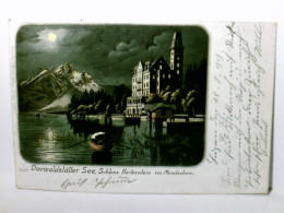 Vierwaldstätter See. Schweiz. Alte Ansichtskarte / Lithographie / Mondscheinkarte Farbig, Gel. 1899. Schloss H - Wald