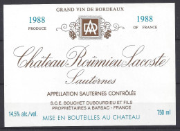 ETIQUETTE - SAUTERNES - Château Roûmieu Lacoste 1988 - Bordeaux