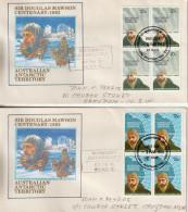 Explorateur Sir Douglas Mawson,explorateur Australien De L'Antarctique,2 Lettres T-p Blocs De 4, Postées Base MAWSON - Covers & Documents