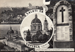 CARTOLINA  TORINO,PIEMONTE-SALUTI DA SUPERGA-BASILICA DAL LATO LAPIDE CADUTI-SUPERGA E PAESAGGIO-LAPIDE-VIAGGIATA 1950 - Churches