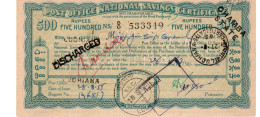 - INDE - Etat Princier - CHAMBA - 1955 - Post Office National  Certificat D'épargne- 500 Rupees - Chamba