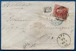 Lettre Medaillon N°16 40c Rouge Oblitéré GC 110 + Dateur SPA + Entrée Bleue Verte " BELG / 2 ERQUELINES 2 " Pour PARIS - 1849-1865 Medallones (Otros)