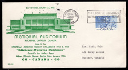 Canada (1956) First Day Envelope With Cachet Of Kitchener Memorial Auditorium And Cancel Of Olympic Hockey Team - 1952-1960