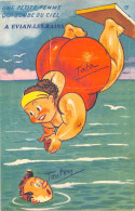 74-EVIAN-LES-BAINS- CARTE A SYSTEME DEPLIANTE- UNE PETITE FEMME QUI TOMBE DU CIEL A EVAIN LES BAINS - Evian-les-Bains