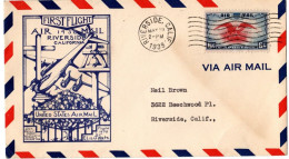 (R109b) USA SCOTT C 23 - EAGLE HOLDING - First Flight Air  Mail Riverside California - 1938. - 1c. 1918-1940 Lettres