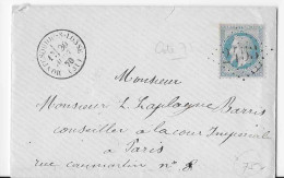 N° 29B BLEU NAPOLEON SUR LETTRE MONTESQUIOU SUR L8SSE GERS POUR PARIS GC 2453 - 1863-1870 Napoléon III Lauré