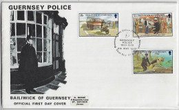 Guernsey 1980 FDC First Day Cover 3 Stamp Police Motorcycle Dog German Shepherd Truck Boat Child Policeman Helmet - Politie En Rijkswacht