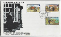 Guernsey 1980 FDC First Day Cover 3 Stamp Police Motorcycle Dog German Shepherd Truck Boat Child Policeman Helmet - Police - Gendarmerie