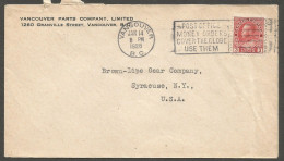 1926 Vancouver Parts Company Corner Card Cover 3c Admiral Slogan Vancouver BC - Postal History