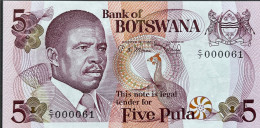 Botswana 5 Pula, P-8b (1982) - UNC - LOW 000061 Serial Number - Botswana