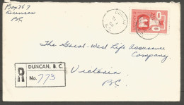 1962 Registered Cover 25c Chemical CDS Duncan To Victoria BC - Histoire Postale