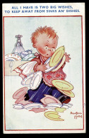 Ref 1632 - 1952 Beatrice Mallet Comic Postcard - Boy Washing Up "All I Have Is Two Big Wishes" - Mallet, B.