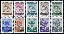 Bolivia, 1962, World Refugee Year, WRY, United Nations, Overprinted And Revalued, MNH, Michel 662-671 - Rifugiati