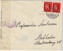FINLAND - 1941 - Censored Cover From HELSINKI To Stockholm, Sweden Franked 2x2Mk - Lettres & Documents